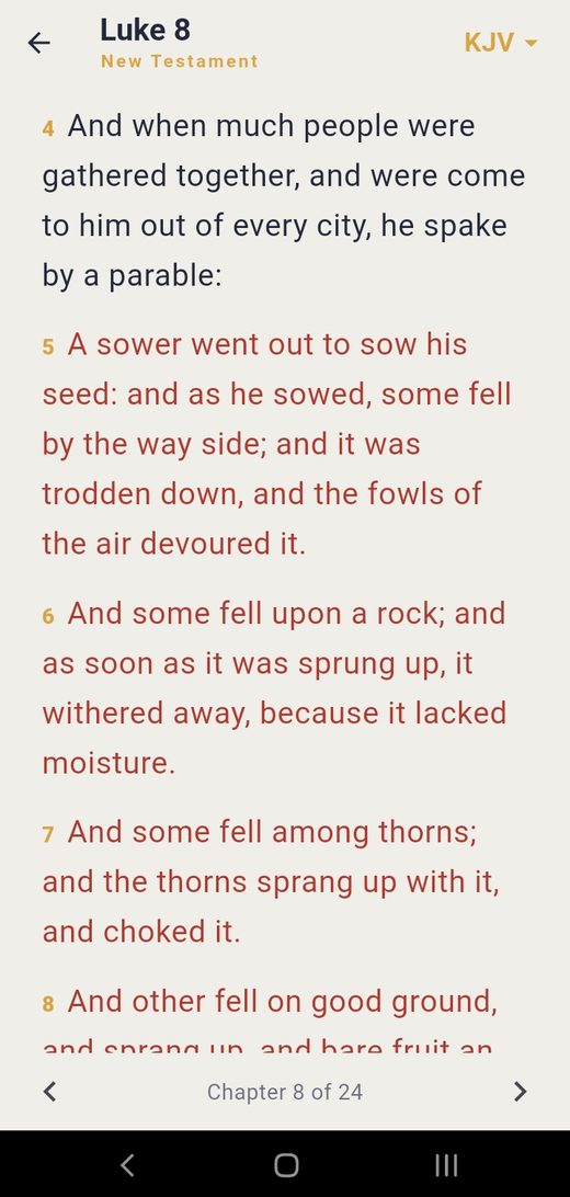 The VerseTurtle Bible reader showing Luke 8 with the words of Jesus in red